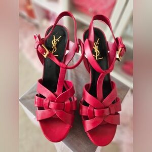 💯Authentic YSL Yves Saint Laurent Tribute Matte Red Platform Heels US 8/38